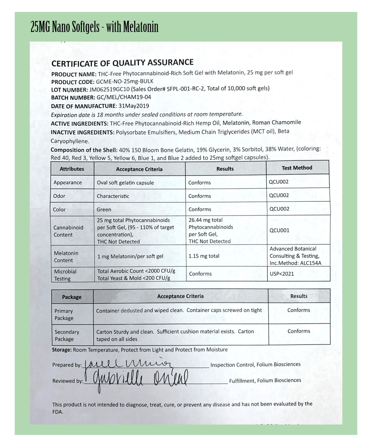 Texas Tonix - 25mg Nano CBD Soft Gels, 30 count Melatonin Certificate of Quality Assurance