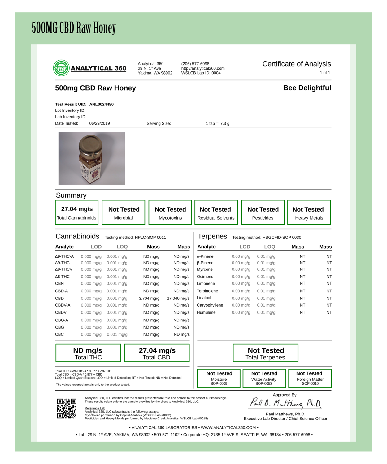 Texas Tonix - 500mg Rescue Blend (Raw Honey + CBD) Certificate of Analysis